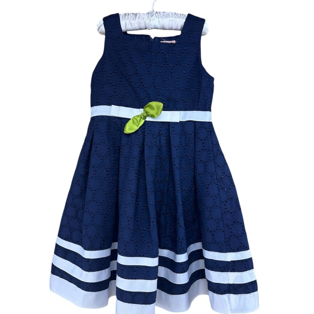 Clementine Girls Navy Blue and White Eyelet Dress Striped Trim Easter Party Sz 5